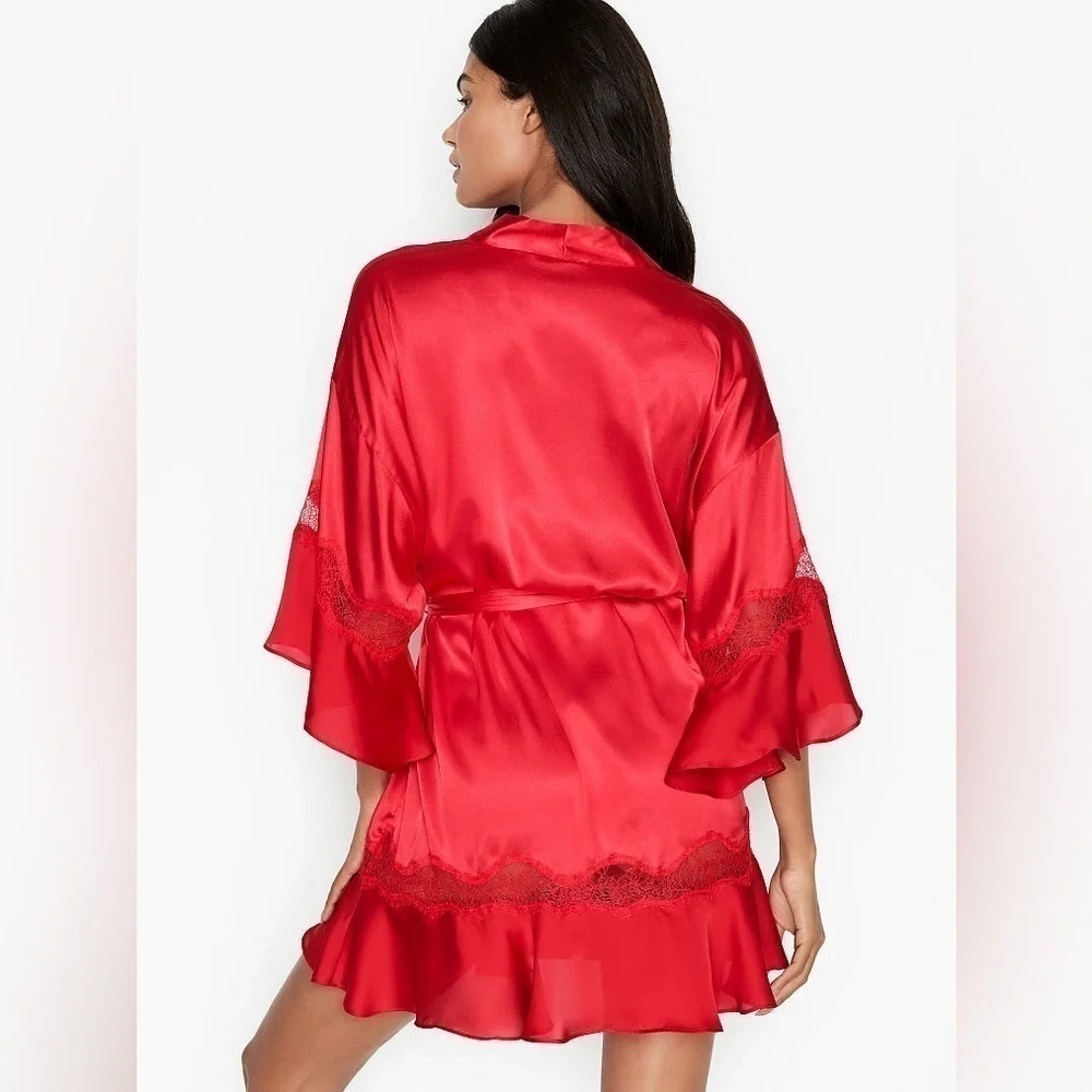 Rare Victorias Secret Red Satin Ruffle Flounce Bell Sleeves Kimono Robe XS/S